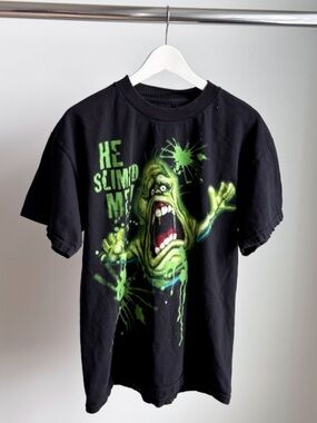 Ghostbusters Slimer He Slimed Me Graphic Tee Black L 21.25x27 Y2K SciFi